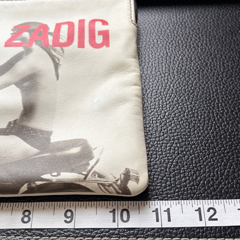 Zadig and Voltaire white leather clutch bag black white woman motorcycle logo - Picture 10 of 11